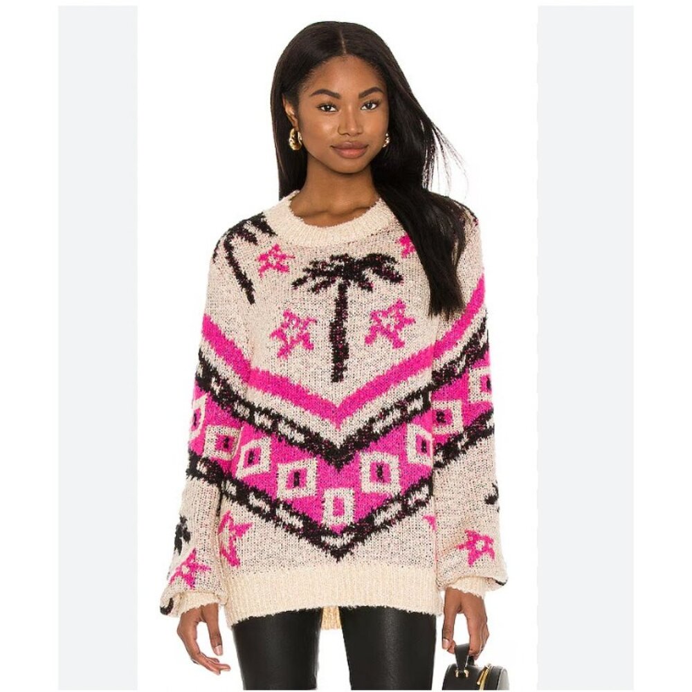Le Superbe Bonfire Beach Palm Wool Sweater Womens Medium Beige Knit Pullover